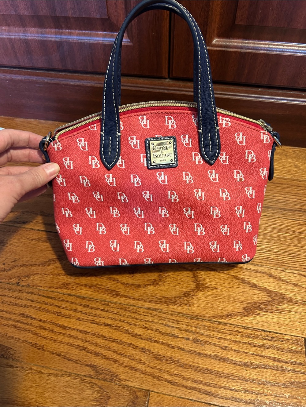 Dooney & Bourke Red Signature Mini Dome Satchel with Navy Trim